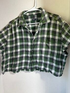Vintage faded glory green plaid cropped upcycled shirt size 2x